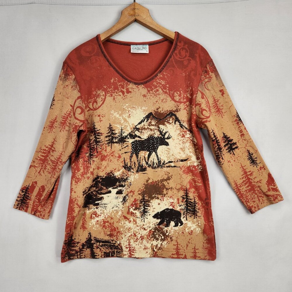 Cactus Bay Western 3/4 Sleeve Top Womens M Brown Moose Bear Bling Cowboy T Shirt - Picture 4 of 8
